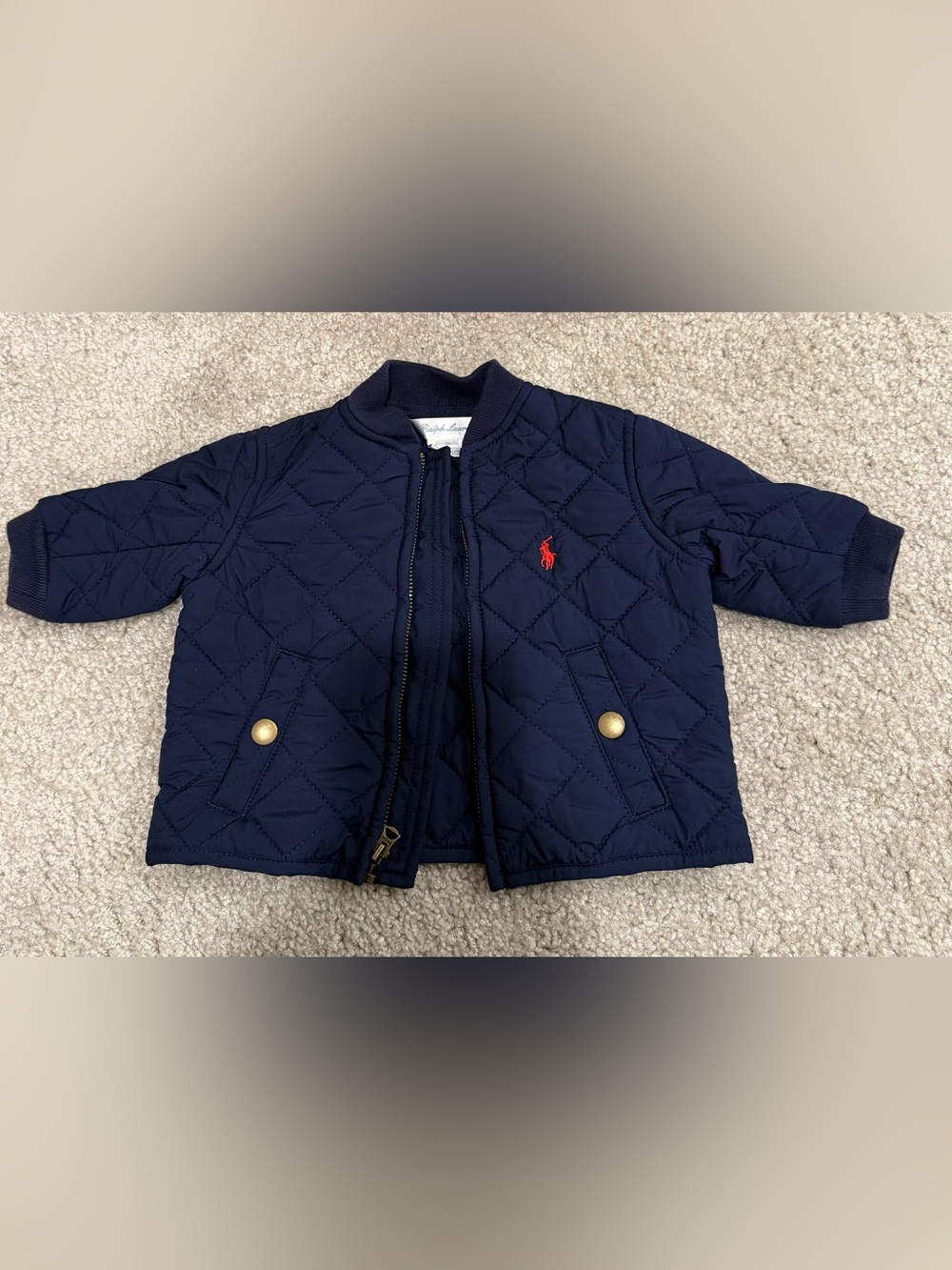 Ralph Lauren Baby Navy Quilted Puffer Jacket with Red Pony 3 months